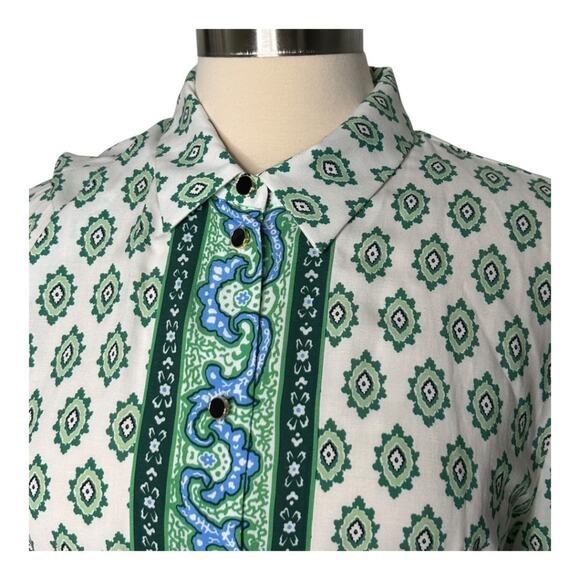 Sandro Naim Gathered Printed Woven Midi Shirt Dress Green Blue White SZ 40 US 8 - Picture 8 of 16